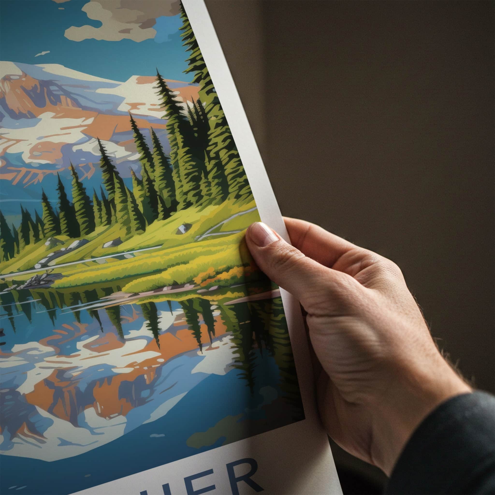 MT. RAINIER Poster - Washington Travel Art - Mountain Lake Reflection Home Decor