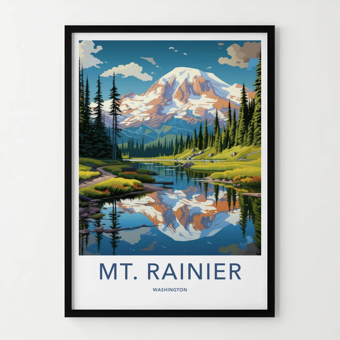 MT. RAINIER Poster - Washington Travel Art - Mountain Lake Reflection Home Decor