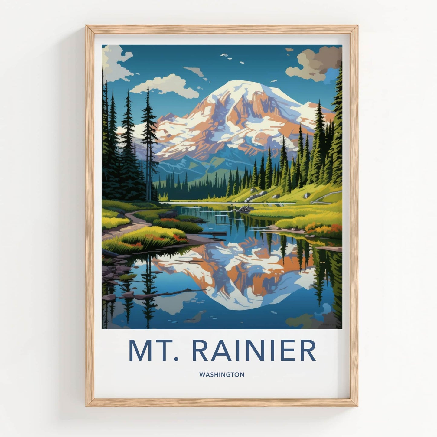 MT. RAINIER Poster - Washington Travel Art - Mountain Lake Reflection Home Decor