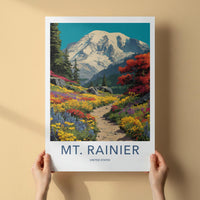 Mt Rainier Poster - Washington Travel Art - Trail Colorful Blossoms Home Decor