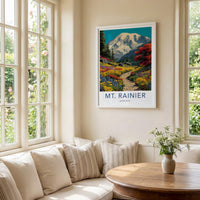Mt Rainier Poster - Washington Travel Art - Trail Colorful Blossoms Home Decor