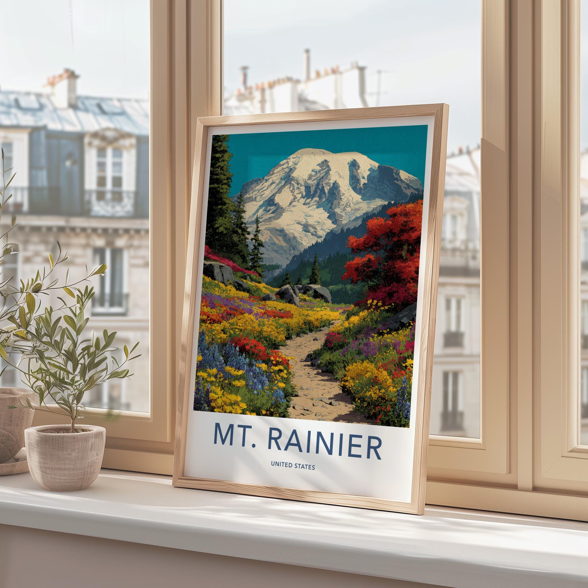 Mt Rainier Poster - Washington Travel Art - Trail Colorful Blossoms Home Decor