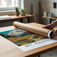 Mt Rainier Poster - Washington Travel Art - Trail Colorful Blossoms Home Decor