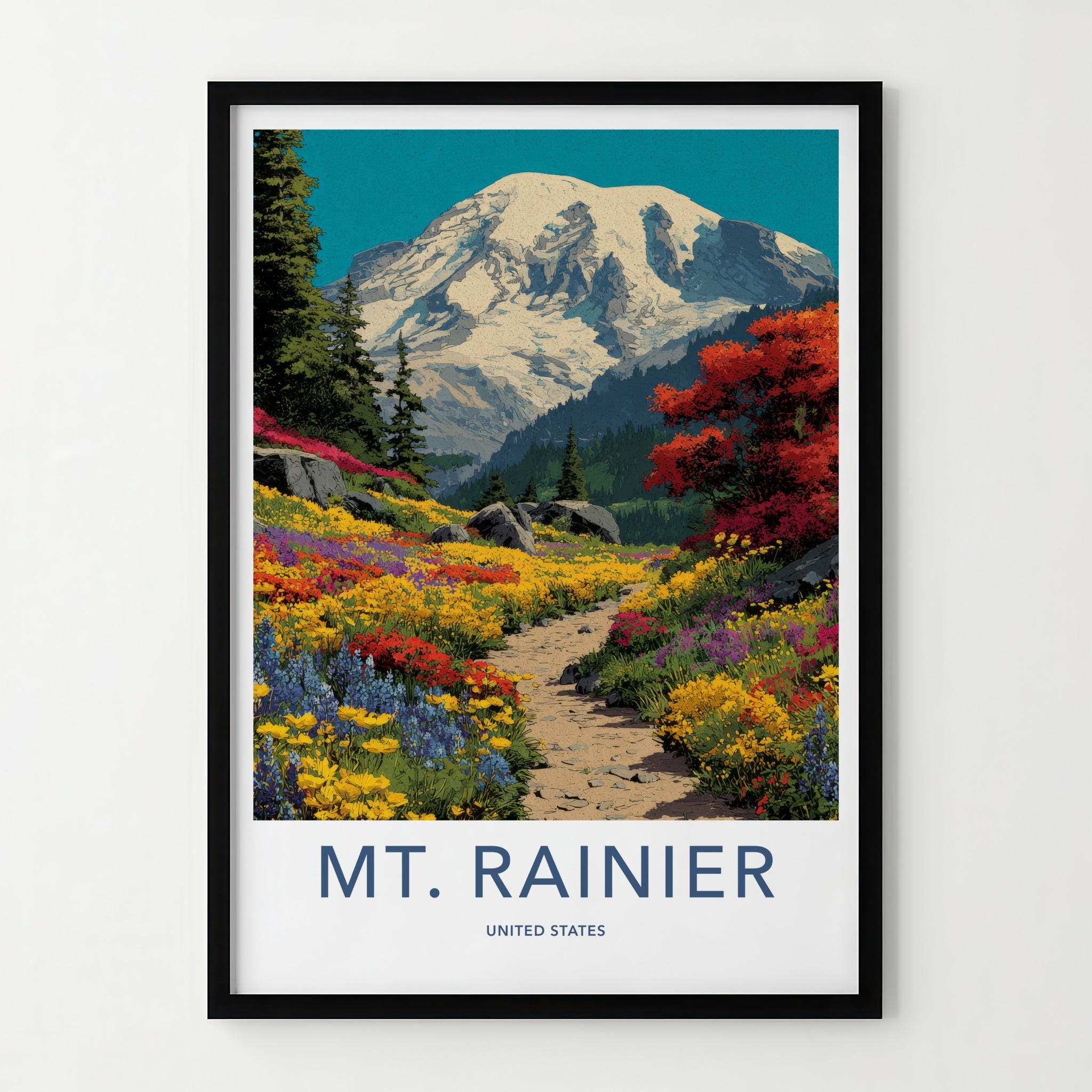 Mt Rainier Poster - Washington Travel Art - Trail Colorful Blossoms Home Decor