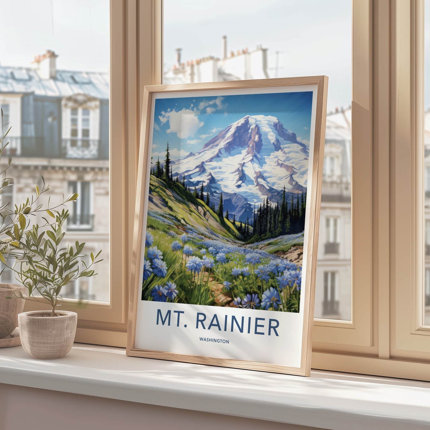 MT. RAINIER Poster - Washington Wall Art - Snowy Peak Flowers Home Decor
