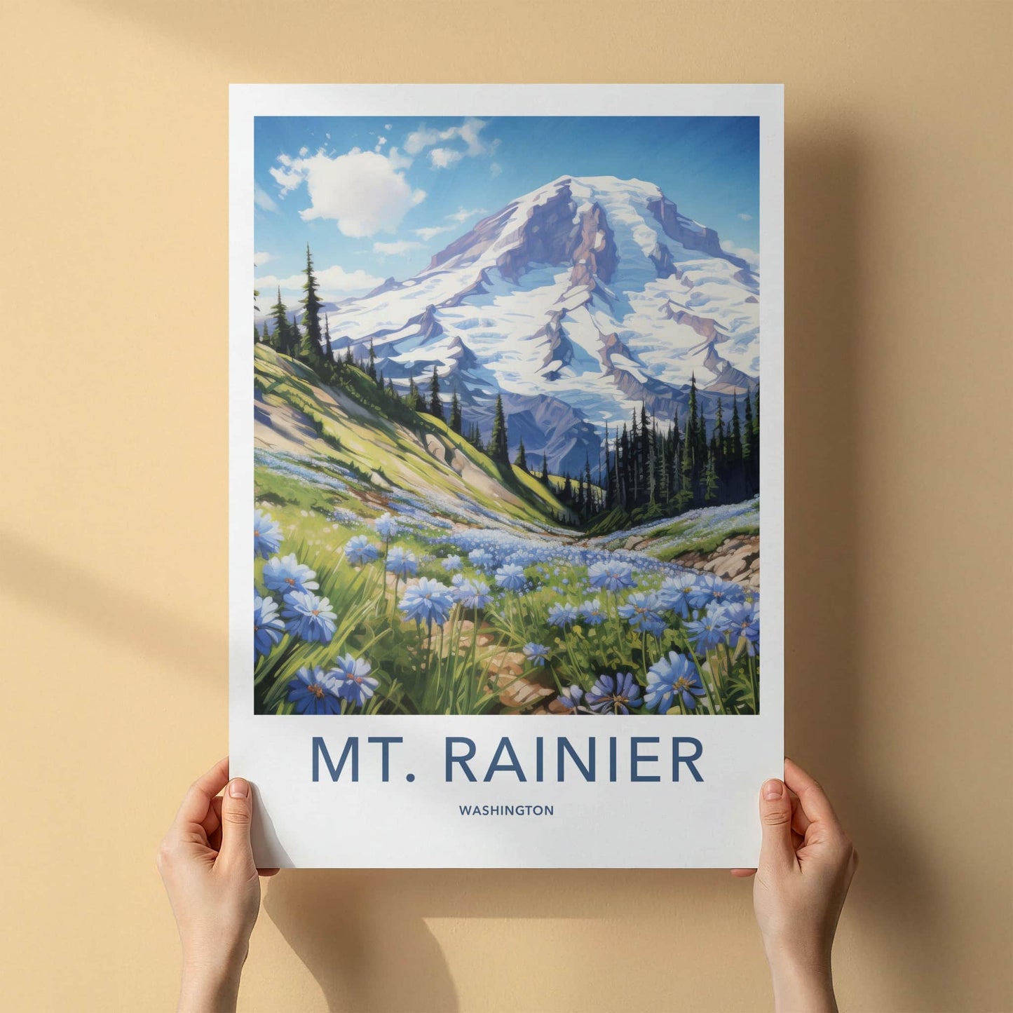MT. RAINIER Poster - Washington Wall Art - Snowy Peak Flowers Home Decor