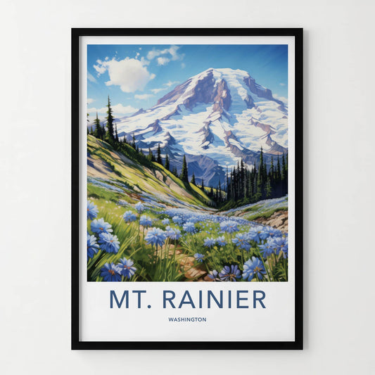 MT. RAINIER Poster - Washington Wall Art - Snowy Peak Flowers Home Decor