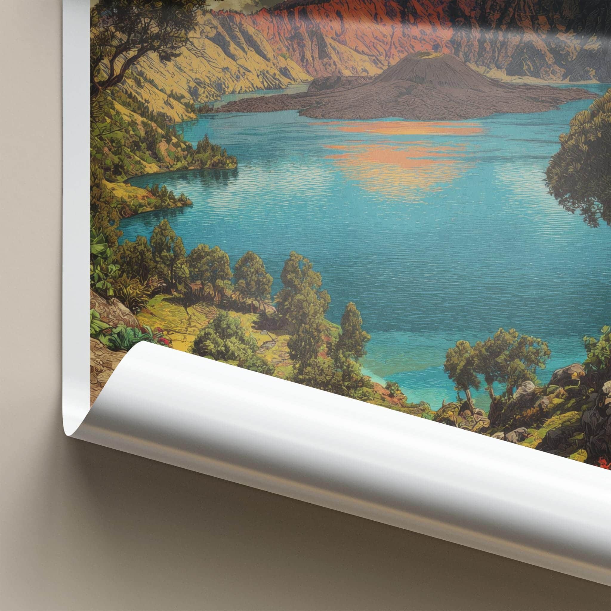 Mt. Rinjani Poster - Indonesia Travel Art - Orange Sun Crater Home Decor