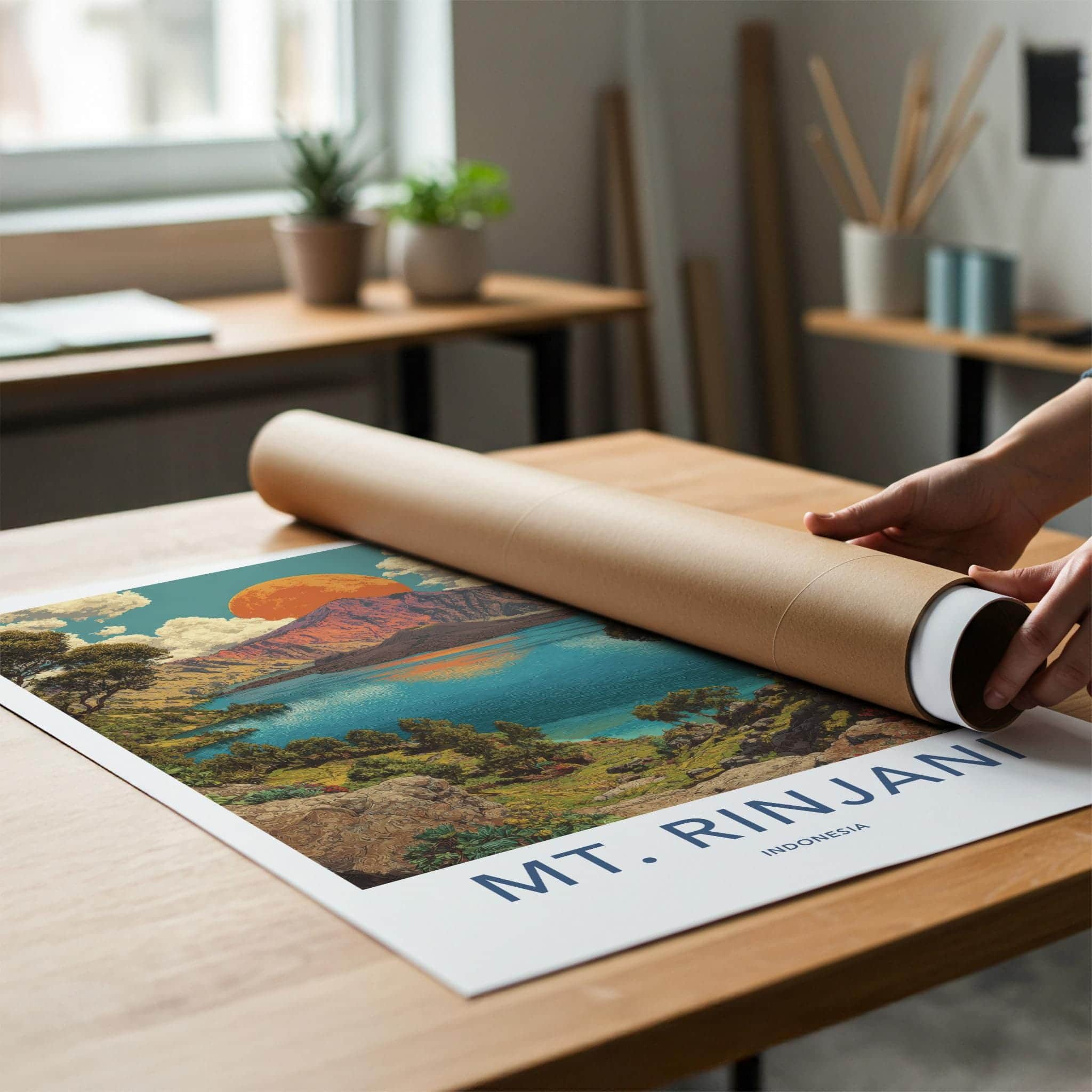 Mt. Rinjani Poster - Indonesia Travel Art - Orange Sun Crater Home Decor