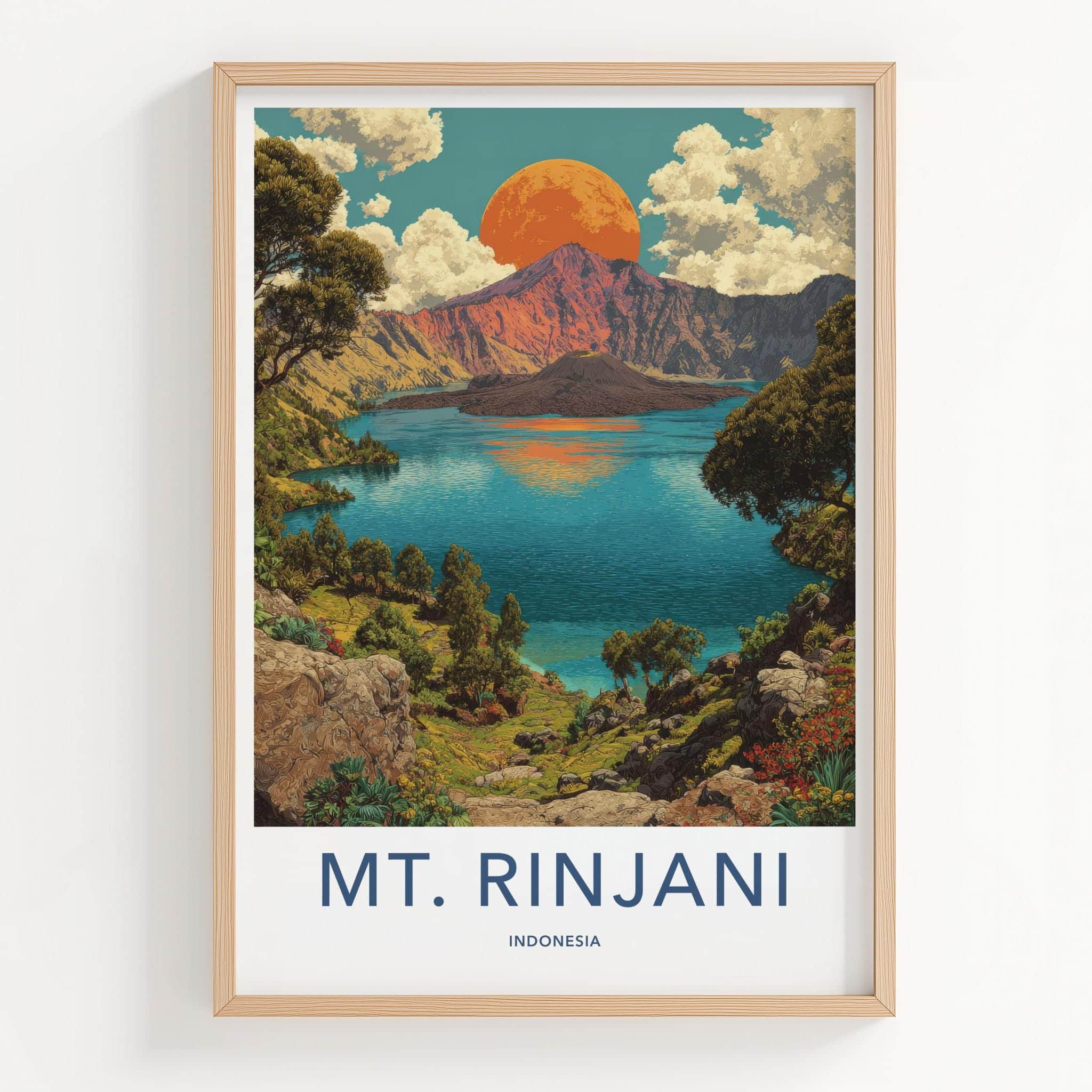 Mt. Rinjani Poster - Indonesia Travel Art - Orange Sun Crater Home Decor