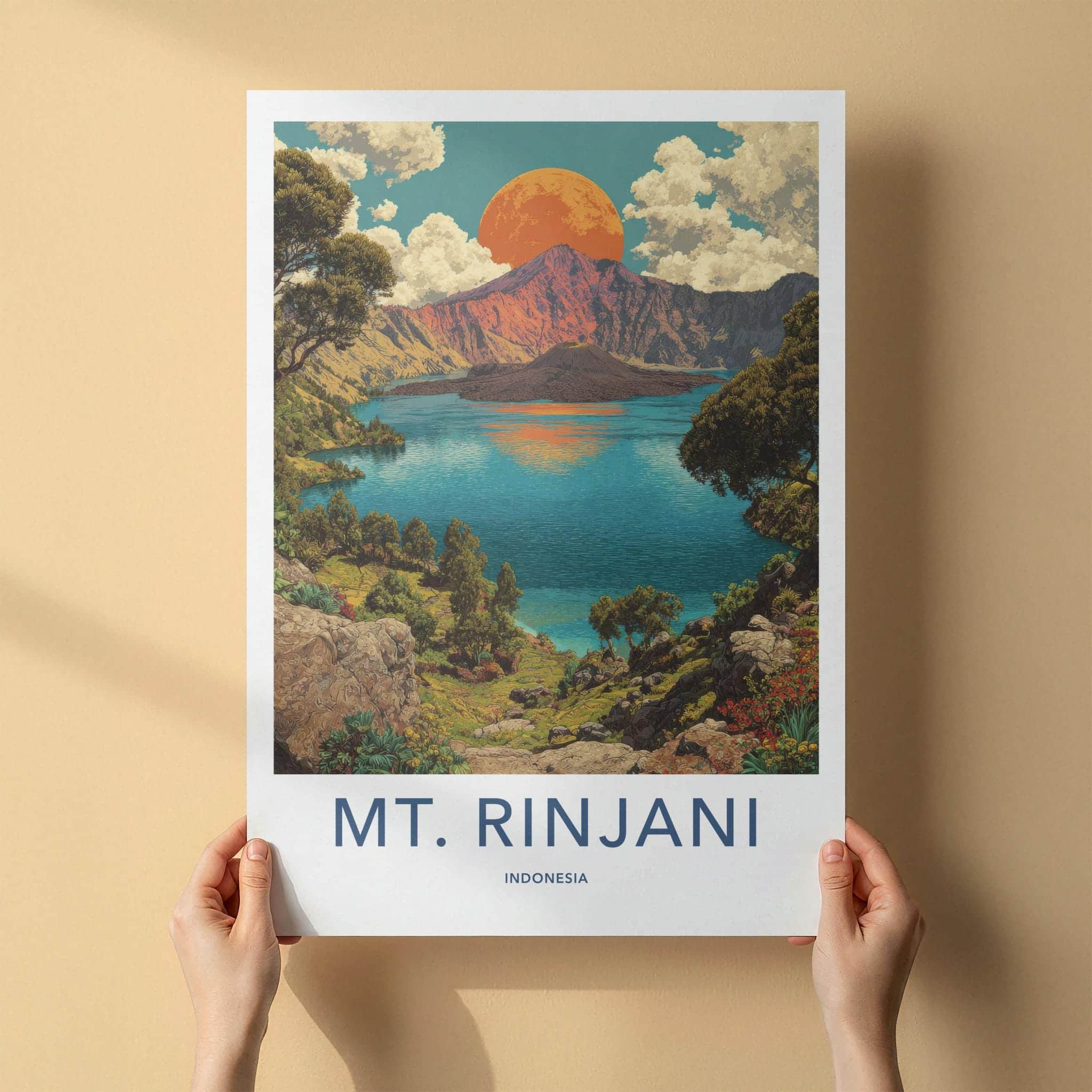 Mt. Rinjani Poster - Indonesia Travel Art - Orange Sun Crater Home Decor