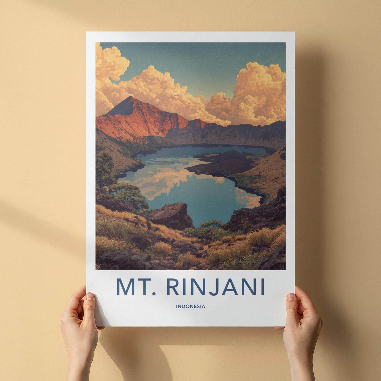 Mt Rinjani Poster - Indonesia Travel Art - Volcanic Lake Vista Home Decor