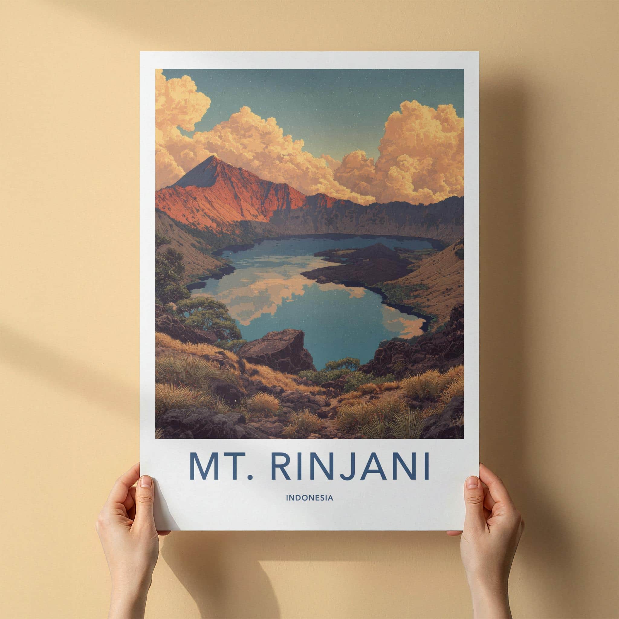 Mt Rinjani Poster - Indonesia Travel Art - Volcanic Lake Vista Home Decor