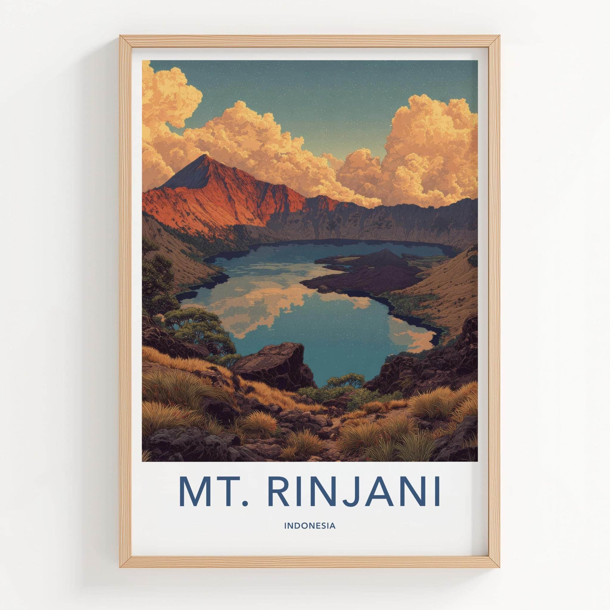 Mt Rinjani Poster - Indonesia Travel Art - Volcanic Lake Vista Home Decor
