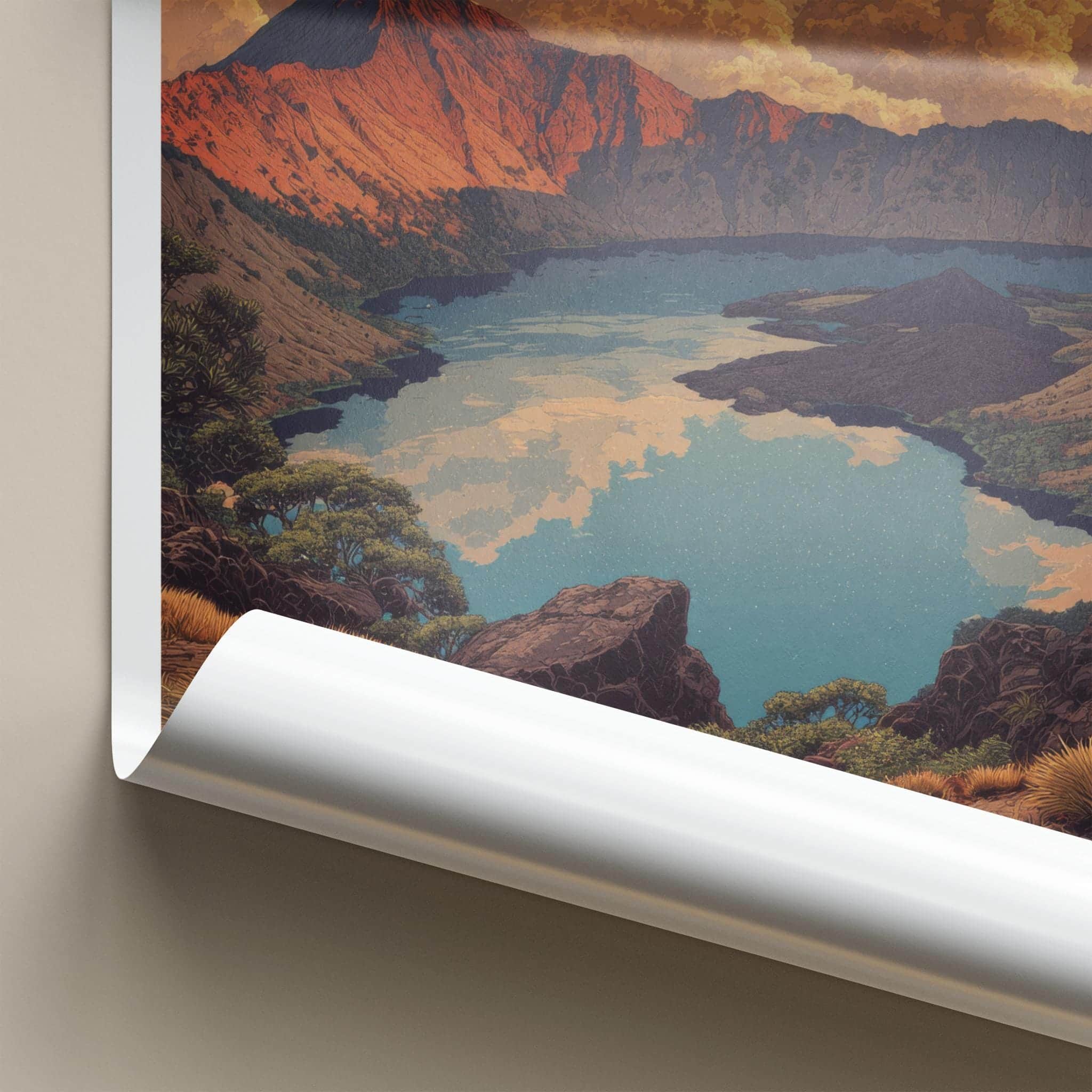 Mt Rinjani Poster - Indonesia Travel Art - Volcanic Lake Vista Home Decor