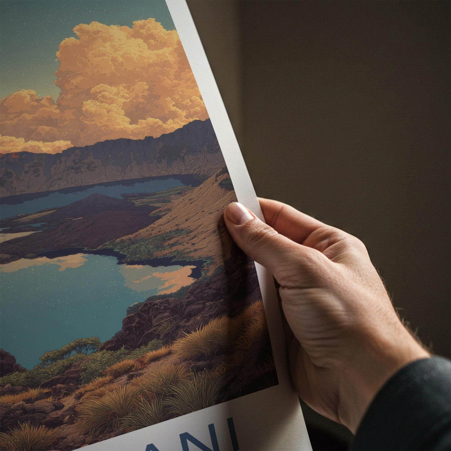 Mt Rinjani Poster - Indonesia Travel Art - Volcanic Lake Vista Home Decor