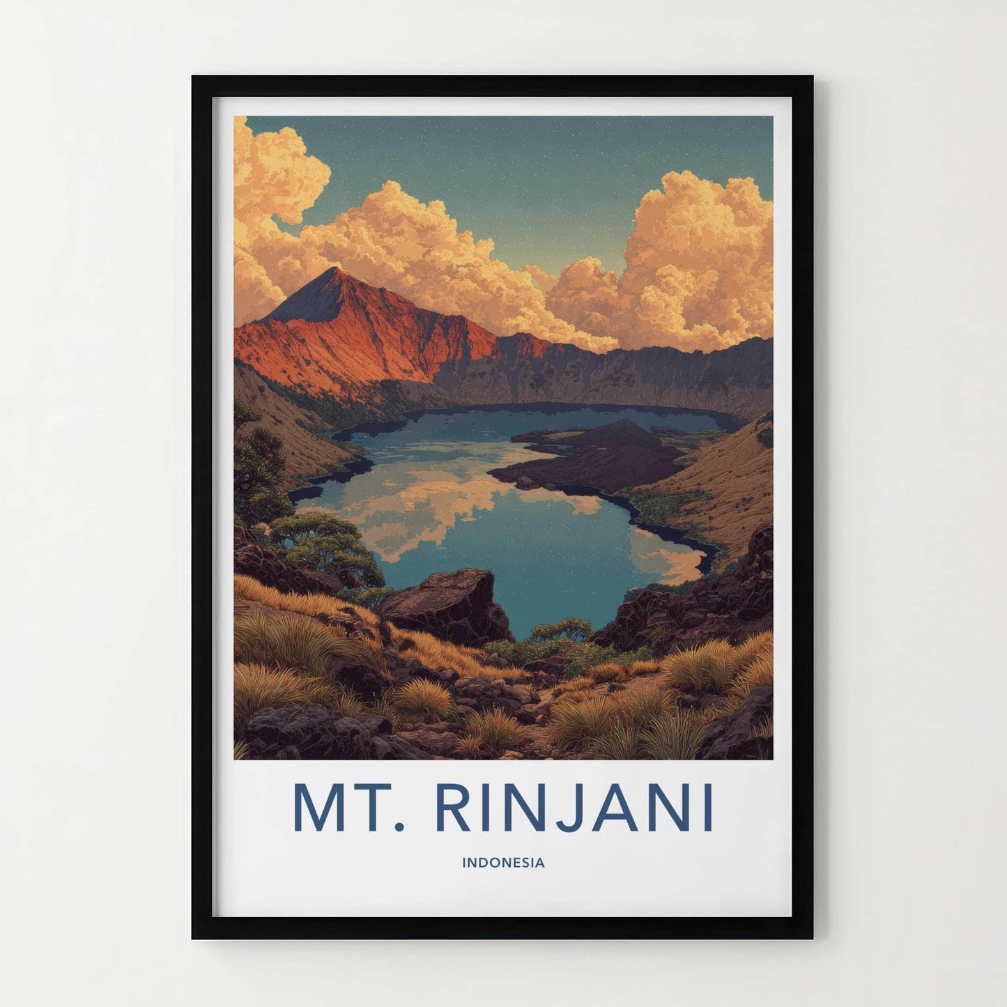 Mt Rinjani Poster - Indonesia Travel Art - Volcanic Lake Vista Home Decor