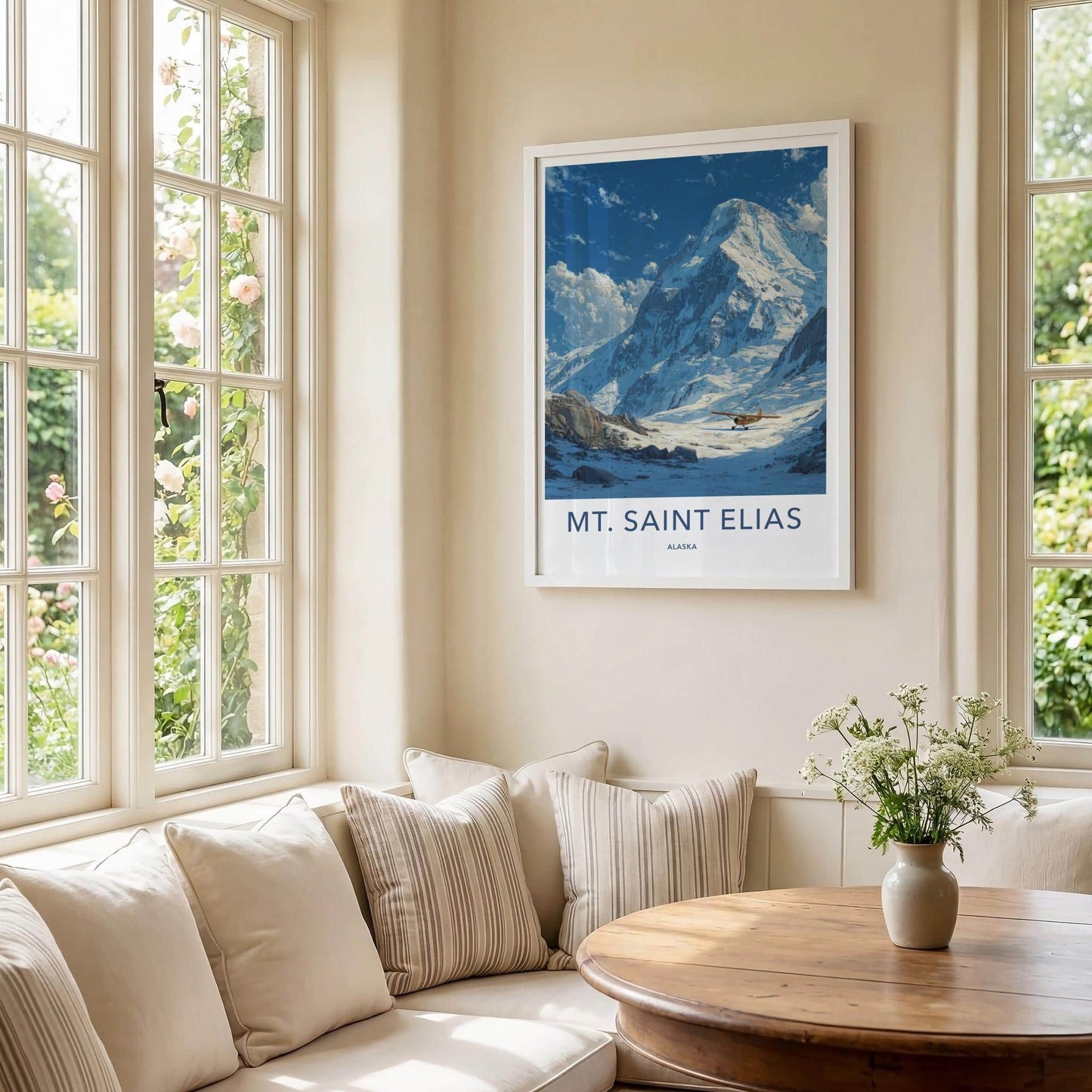 Mt Saint Elias Poster - Alaska Travel Art - Yellow Plane Mountain Home Decor