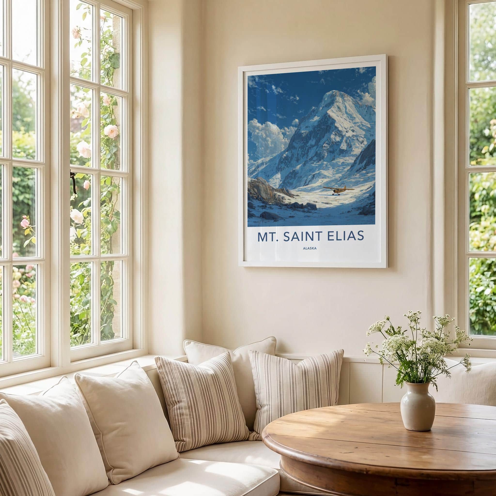 Mt Saint Elias Poster - Alaska Travel Art - Yellow Plane Mountain Home Decor