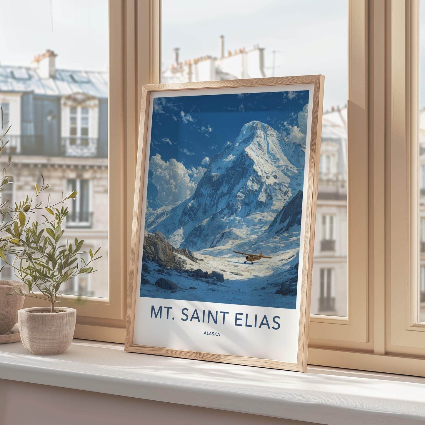Mt Saint Elias Poster - Alaska Travel Art - Yellow Plane Mountain Home Decor