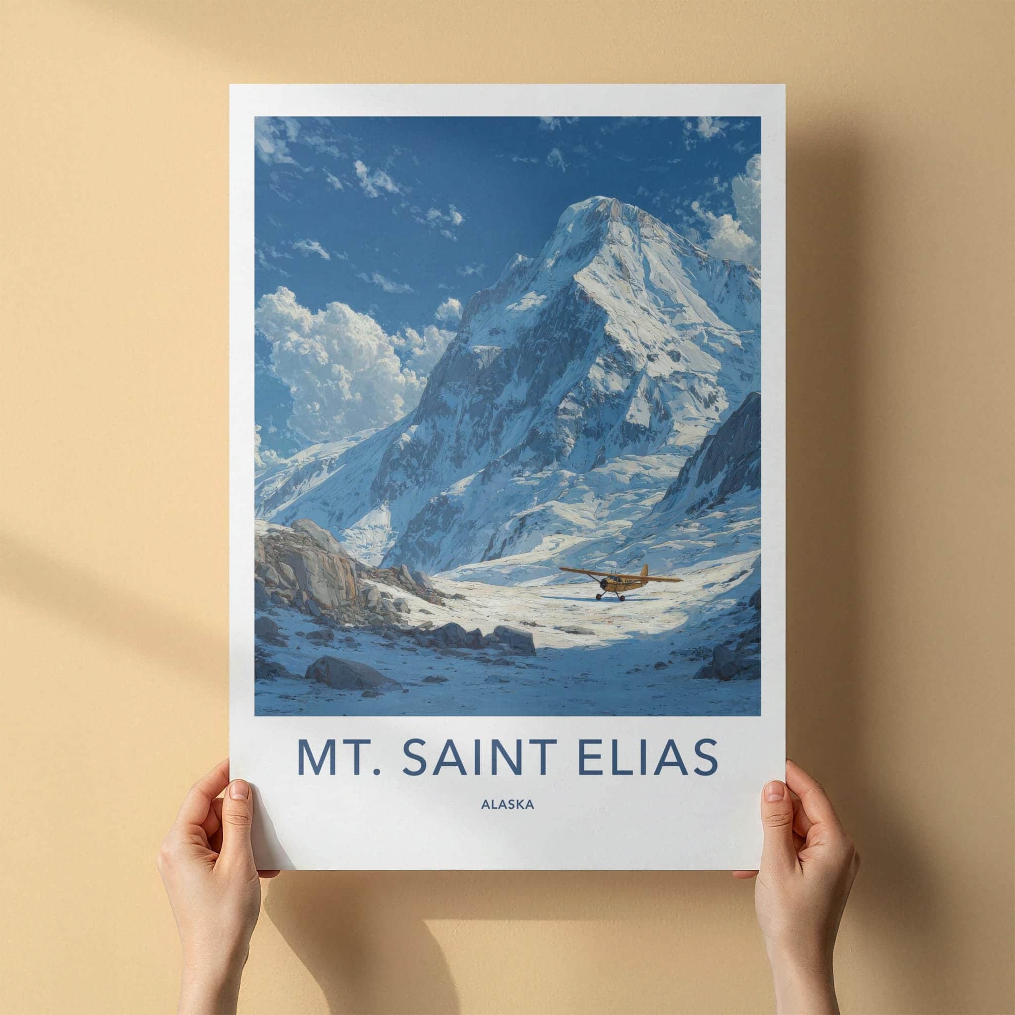 Mt Saint Elias Poster - Alaska Travel Art - Yellow Plane Mountain Home Decor