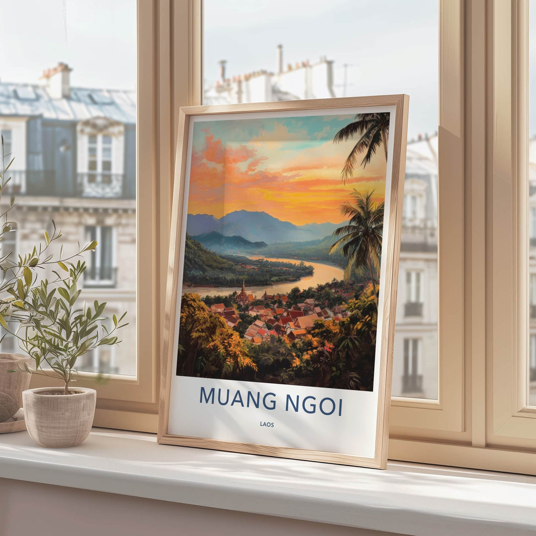 Muang Ngoi Poster - Laos Travel Art - River Valley Sunset Home Decor