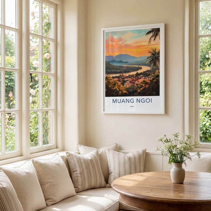 Muang Ngoi Poster - Laos Travel Art - River Valley Sunset Home Decor
