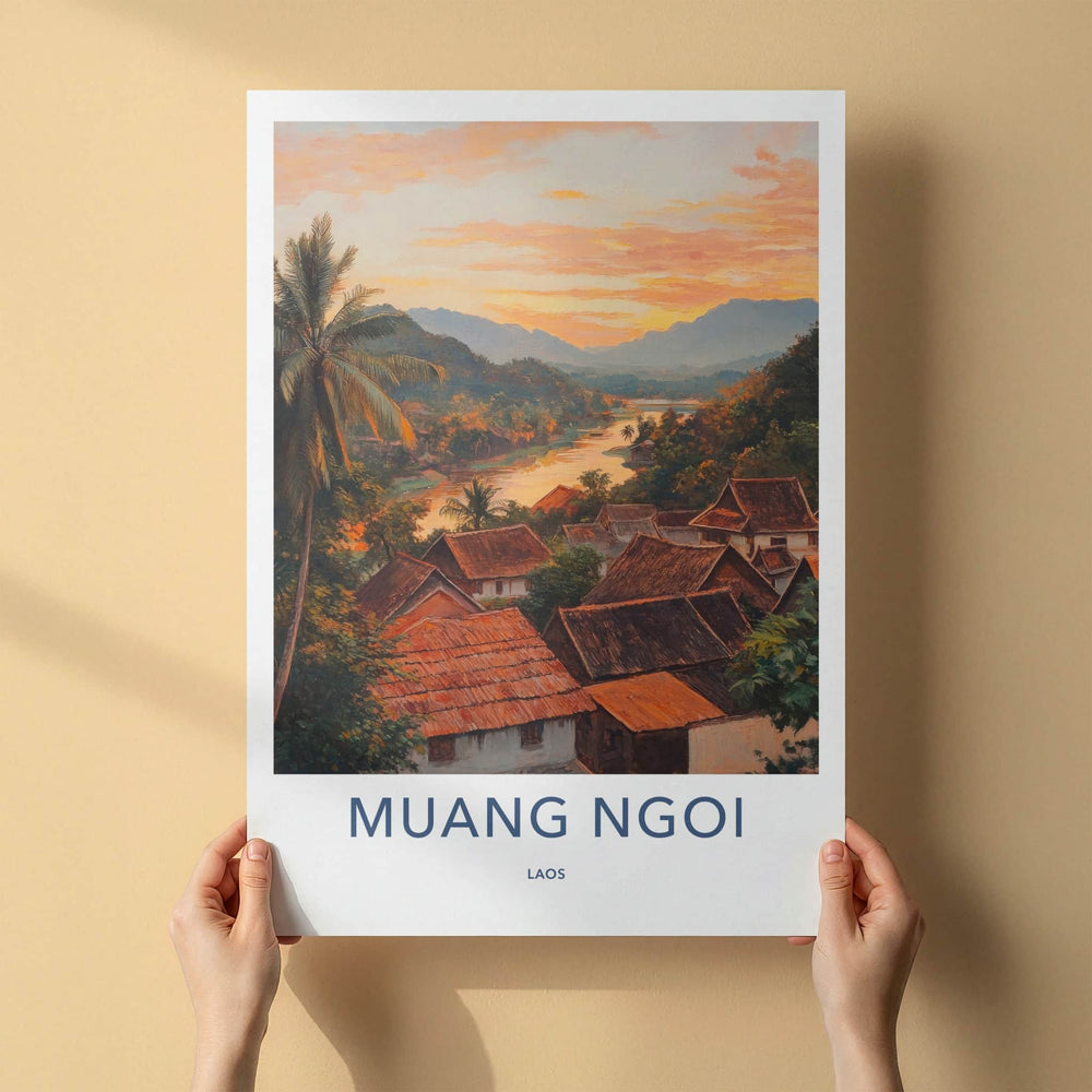 Muang Ngoi Poster - Laos Travel Art - Village River Sunset Home Decor