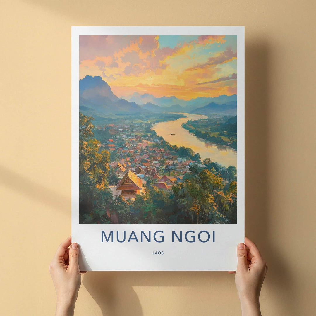 Muang Ngoi Poster - Laos Wall Art - Vibrant River Village Home Decor