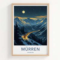 Muerren Poster - Switzerland Travel Art - Moonlit Mountain Train Wall Decor