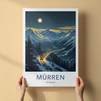Muerren Poster - Switzerland Travel Art - Moonlit Mountain Train Wall Decor