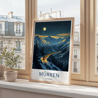 Muerren Poster - Switzerland Travel Art - Moonlit Mountain Train Wall Decor
