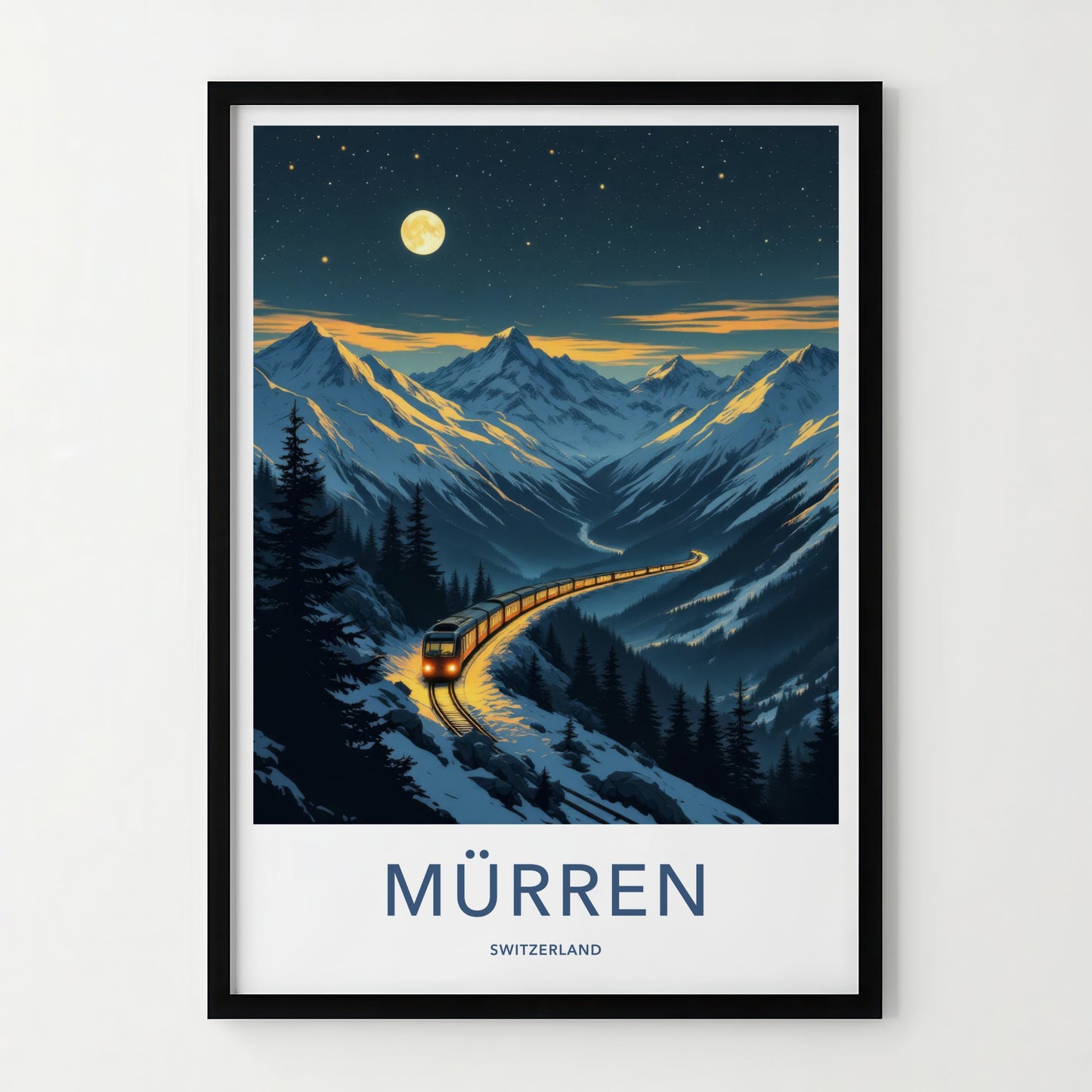 Muerren Poster - Switzerland Travel Art - Moonlit Mountain Train Wall Decor