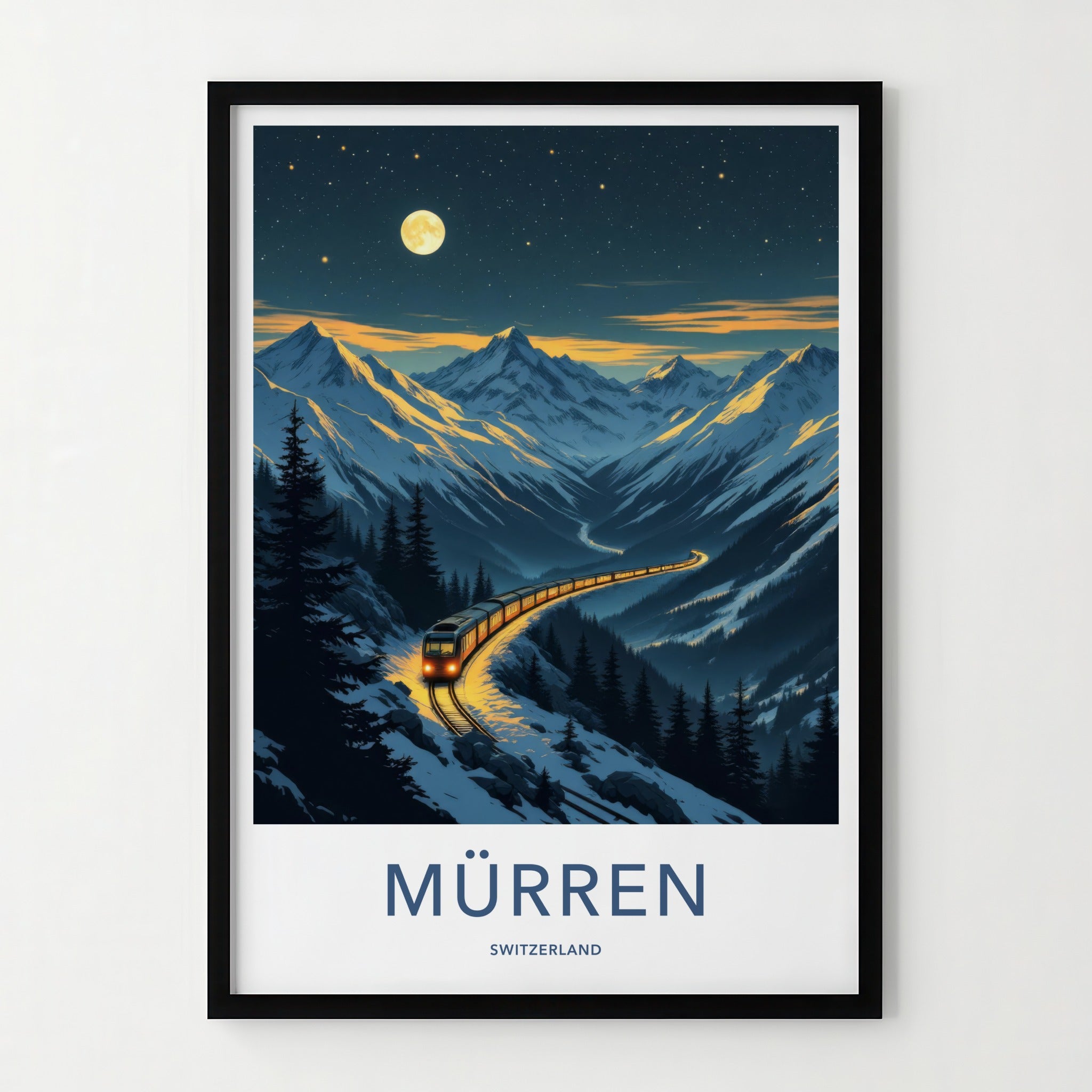 Muerren Poster - Switzerland Travel Art - Moonlit Mountain Train Wall Decor