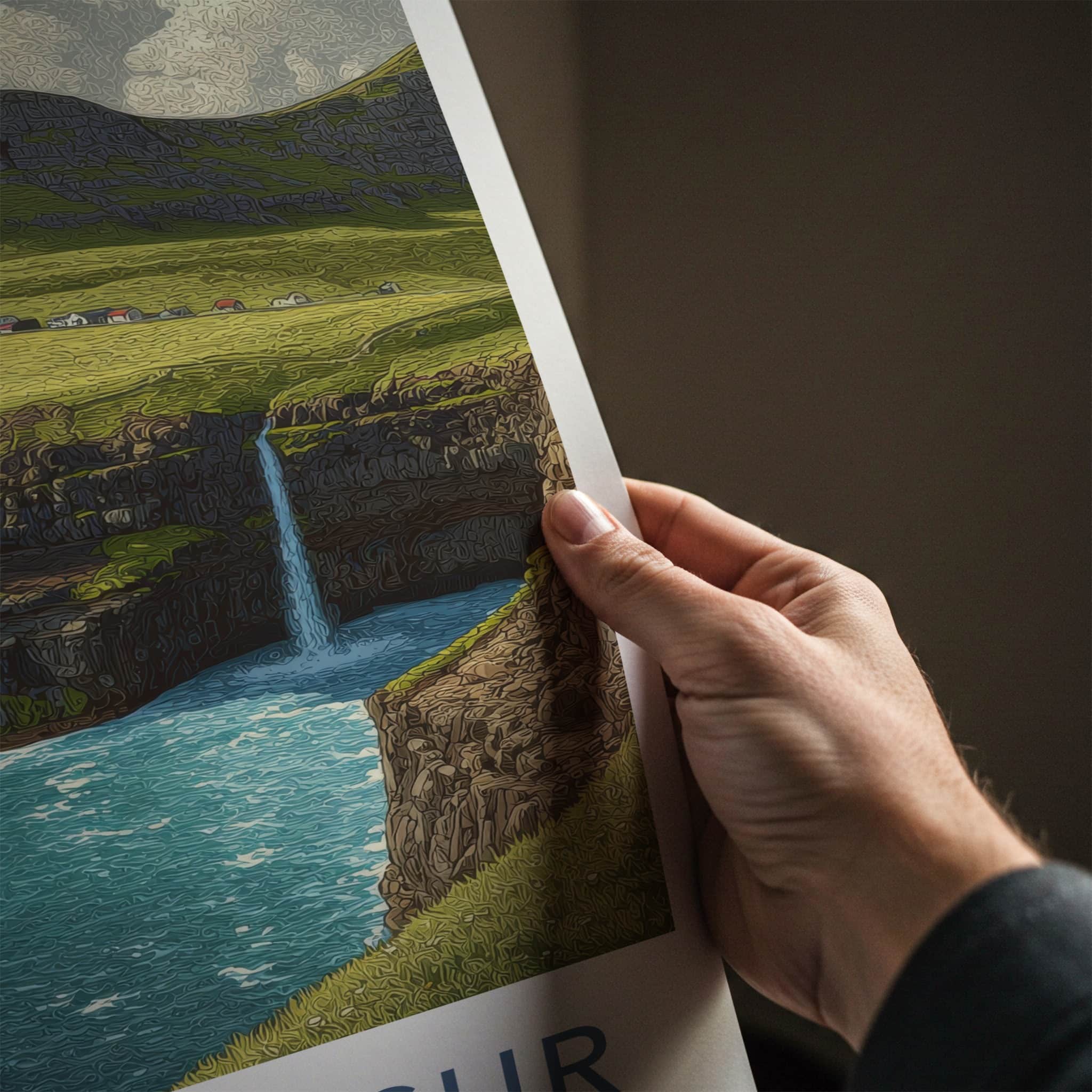 Mulafossur Poster - Faroe Islands Travel Art Cliffs Waterfall Gallery Art