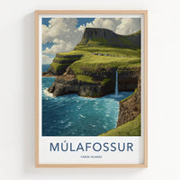 Mulafossur Poster - Faroe Islands Travel Art Cliffs Waterfall Gallery Art