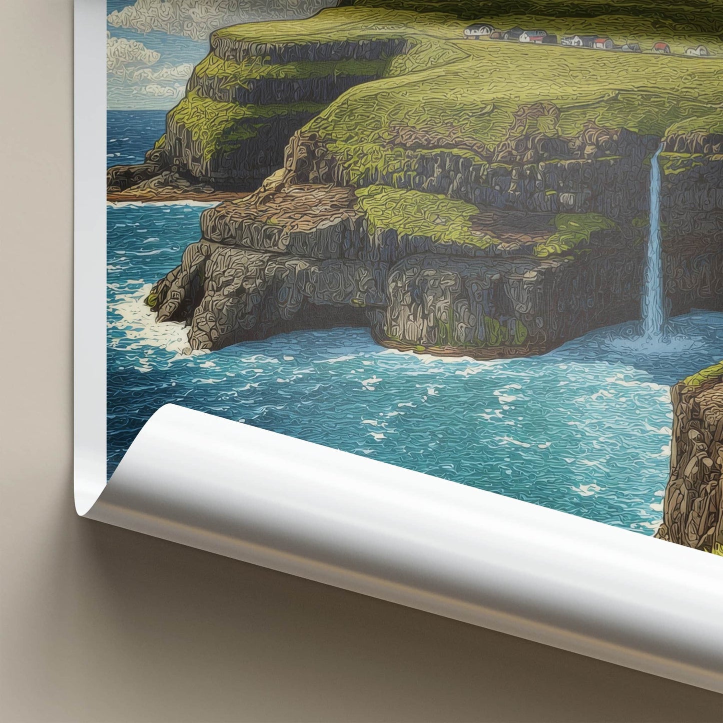 Mulafossur Poster - Faroe Islands Travel Art Cliffs Waterfall Gallery Art