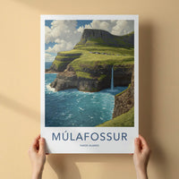 Mulafossur Poster - Faroe Islands Travel Art Cliffs Waterfall Gallery Art
