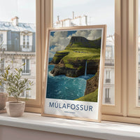 Mulafossur Poster - Faroe Islands Travel Art Cliffs Waterfall Gallery Art