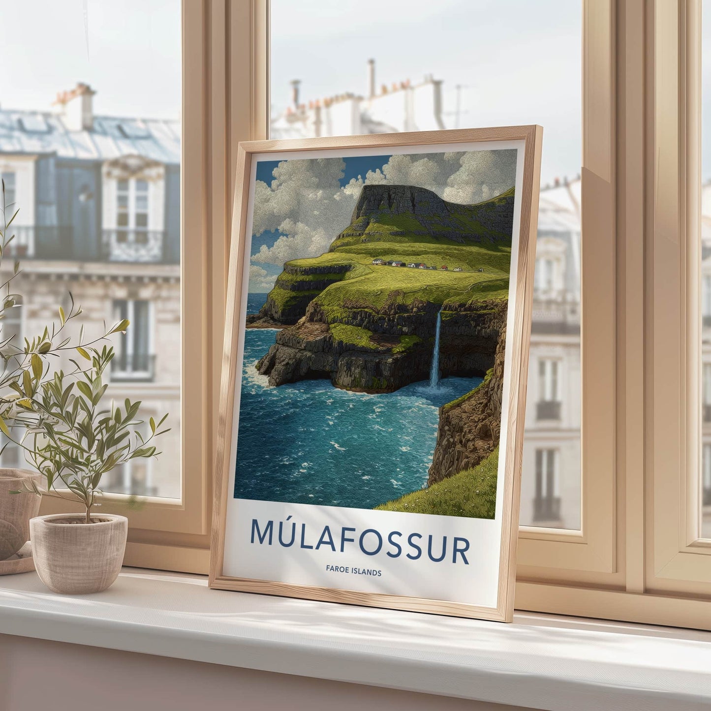Mulafossur Poster - Faroe Islands Travel Art Cliffs Waterfall Gallery Art