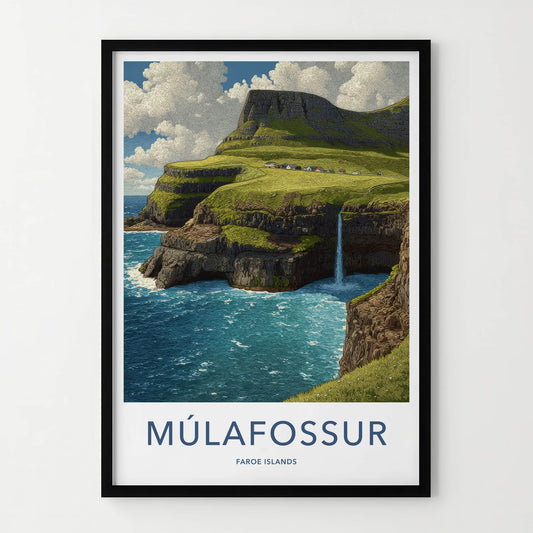 Mulafossur Poster - Faroe Islands Travel Art Cliffs Waterfall Gallery Art
