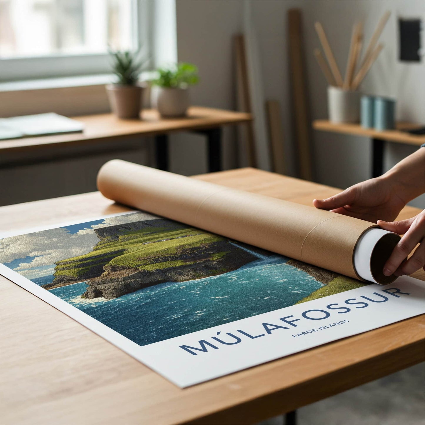 Mulafossur Poster - Faroe Islands Travel Art Cliffs Waterfall Gallery Art