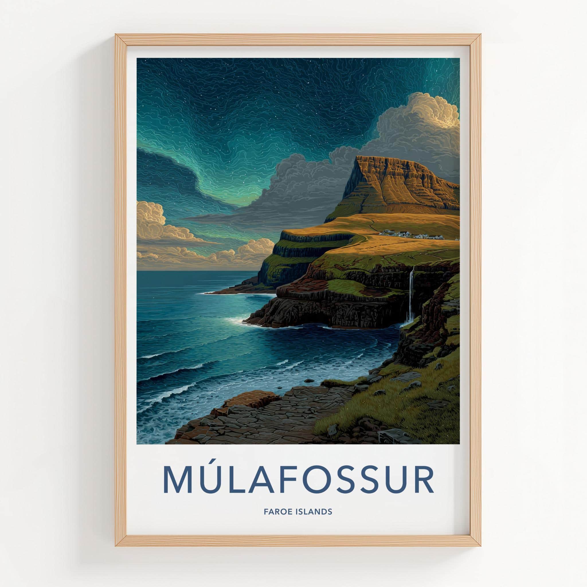 Mulafossur Poster - Faroe Islands Travel Art - Cliffside Village Waterfall Home Decor