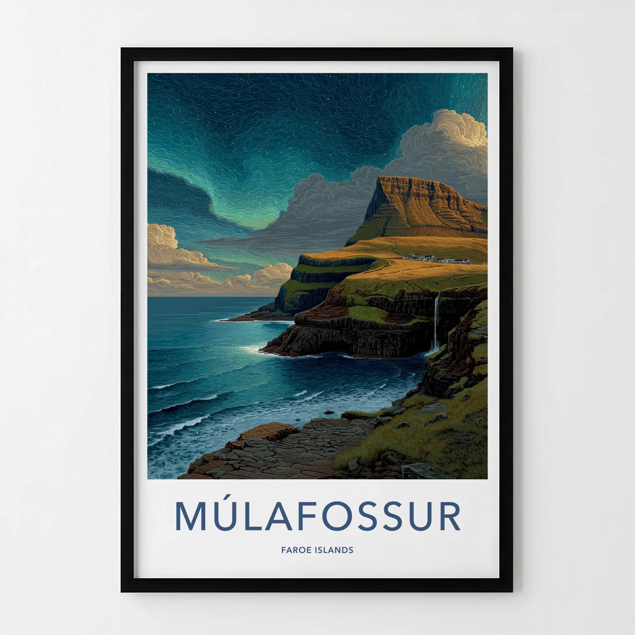 Mulafossur Poster - Faroe Islands Travel Art - Cliffside Village Waterfall Home Decor