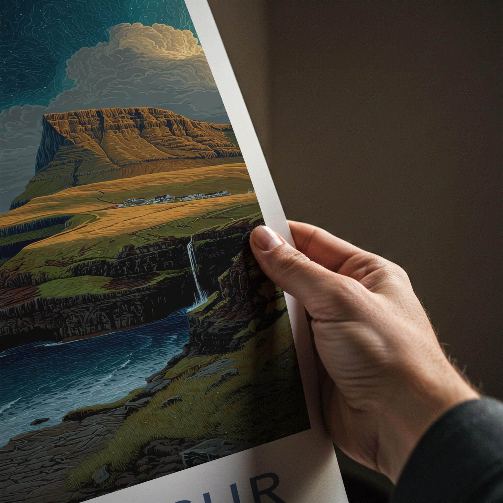 Mulafossur Poster - Faroe Islands Travel Art - Cliffside Village Waterfall Home Decor
