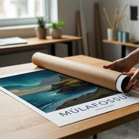 Mulafossur Poster - Faroe Islands Travel Art - Cliffside Village Waterfall Home Decor