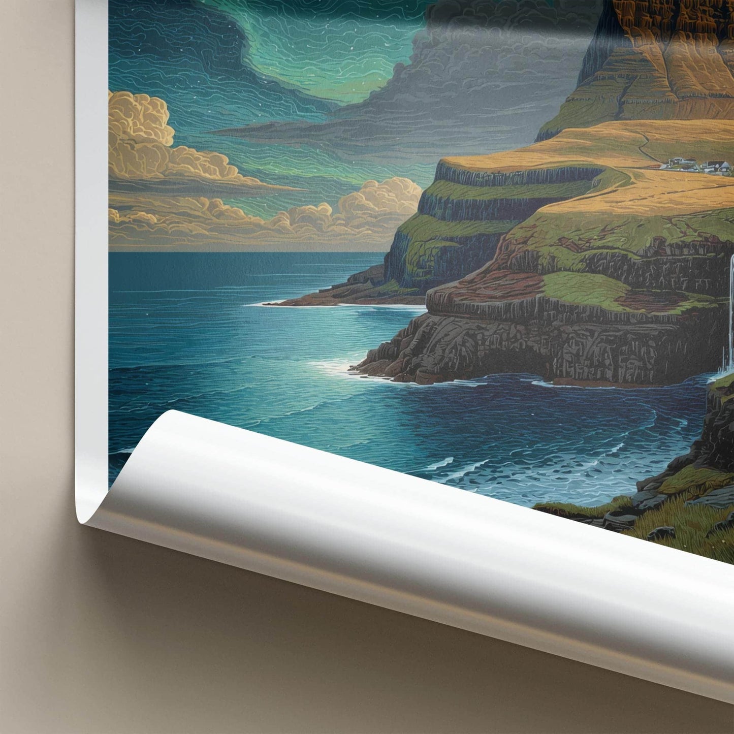 Mulafossur Poster - Faroe Islands Travel Art - Cliffside Village Waterfall Home Decor