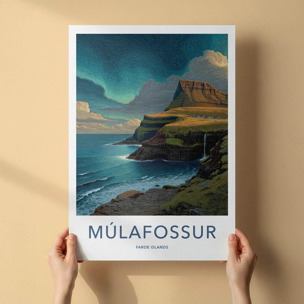 Mulafossur Poster - Faroe Islands Travel Art - Cliffside Village Waterfall Home Decor