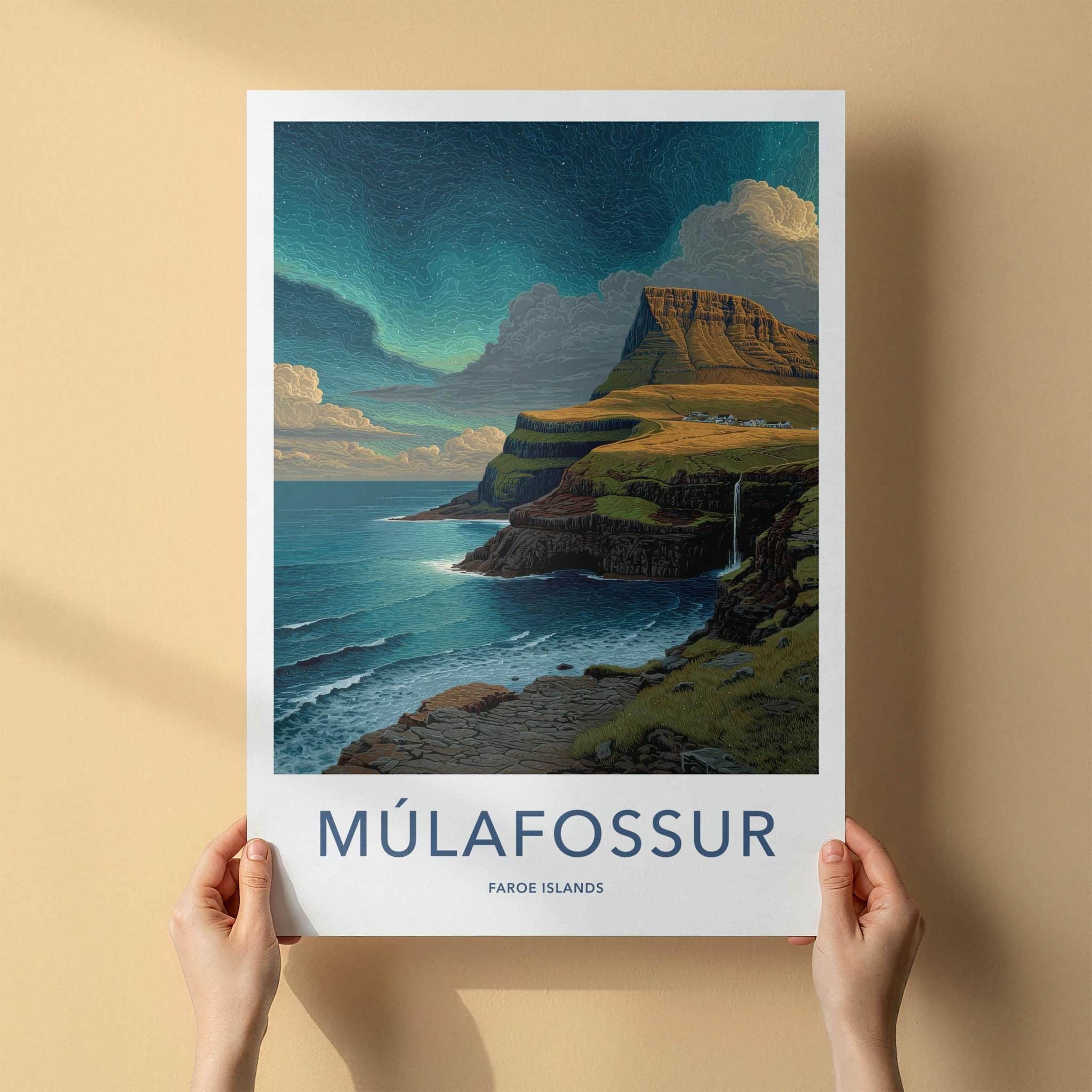 Mulafossur Poster - Faroe Islands Travel Art - Cliffside Village Waterfall Home Decor