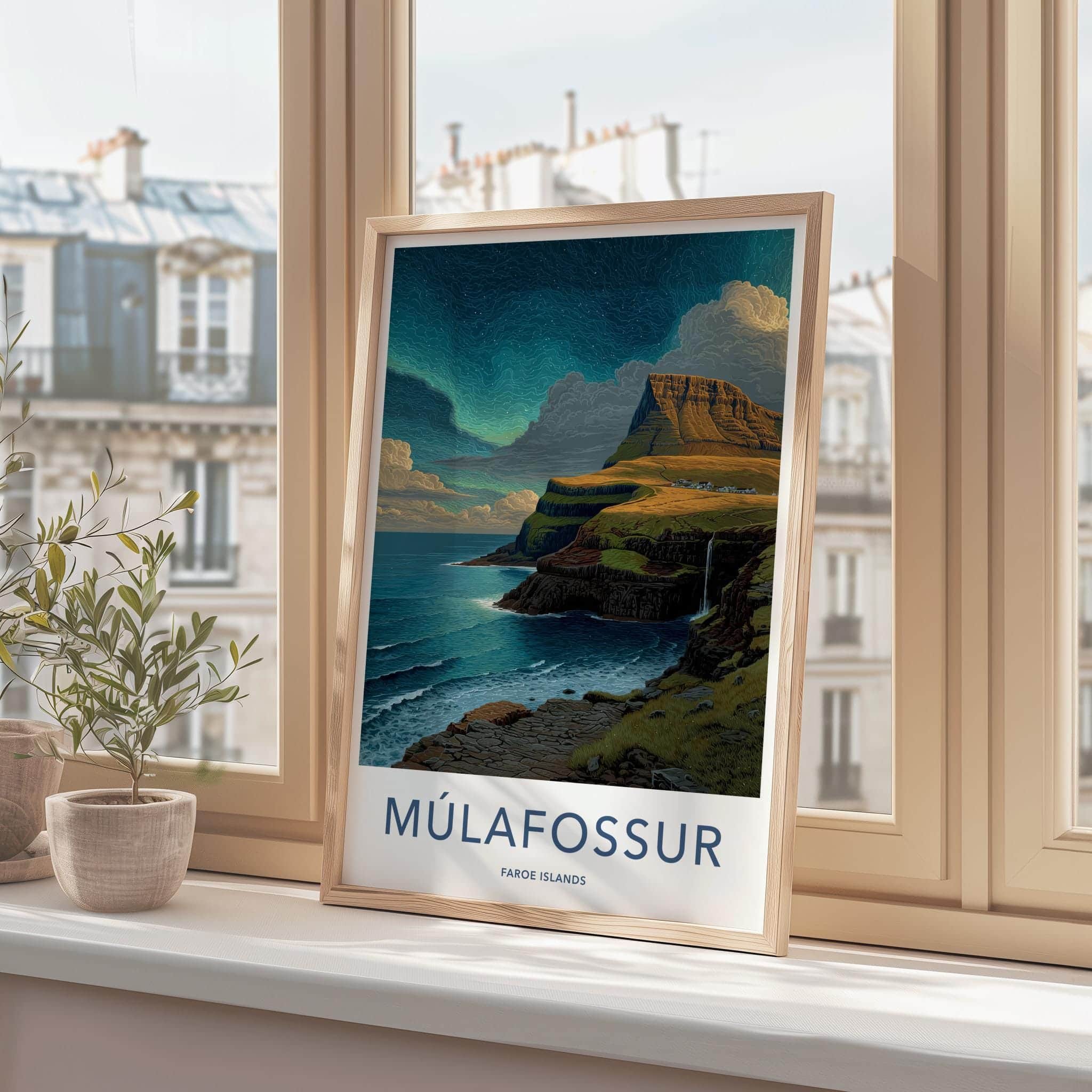 Mulafossur Poster - Faroe Islands Travel Art - Cliffside Village Waterfall Home Decor
